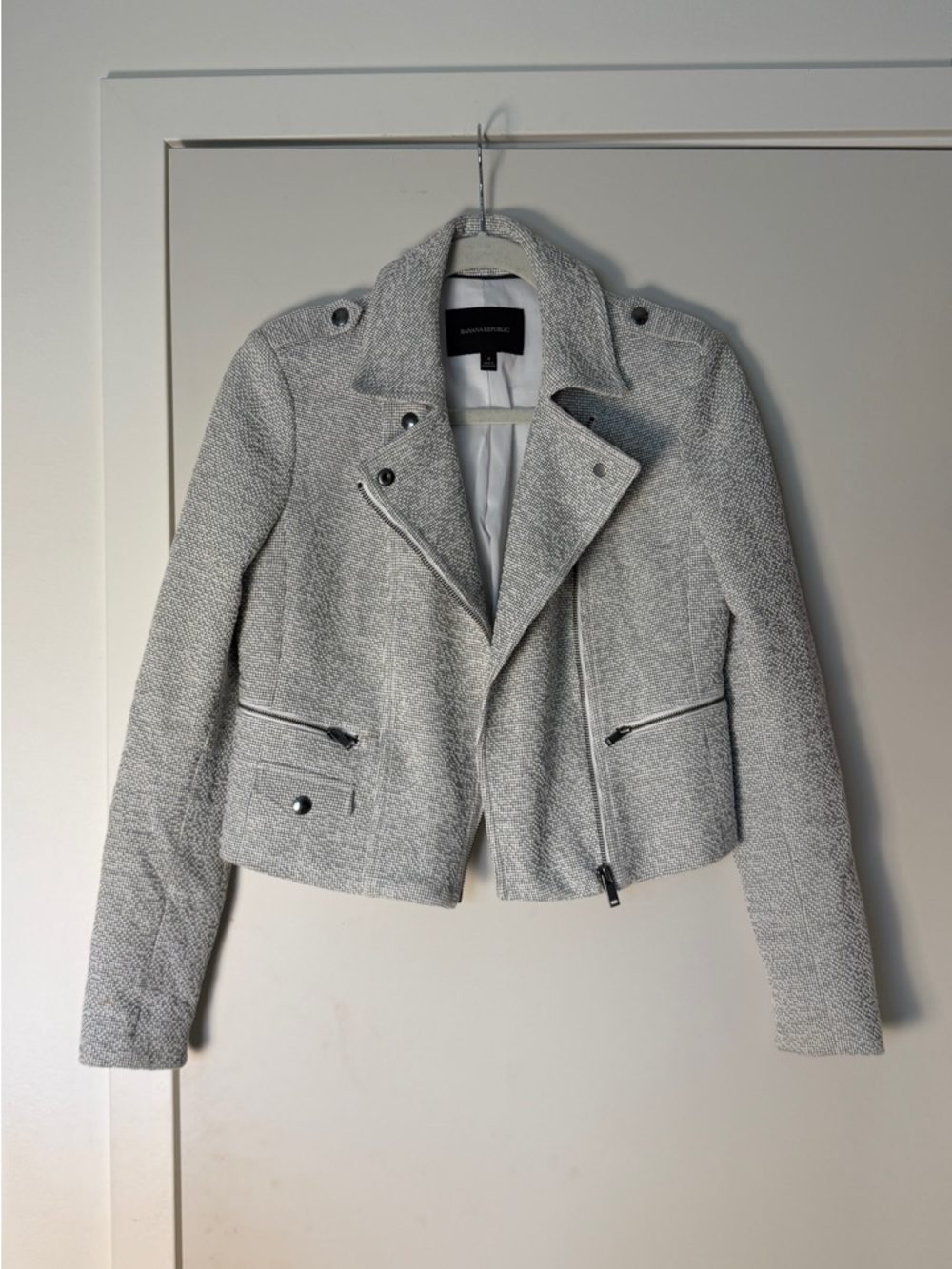 Banana Republic Grey Tweed Cropped Asymmetrical Moto Jacket